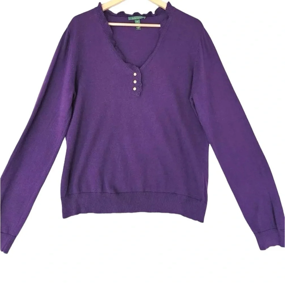 Lauren Ralph Lauren, purple ruffle V-neck collar Henley sweater size S - Picture 2 of 6